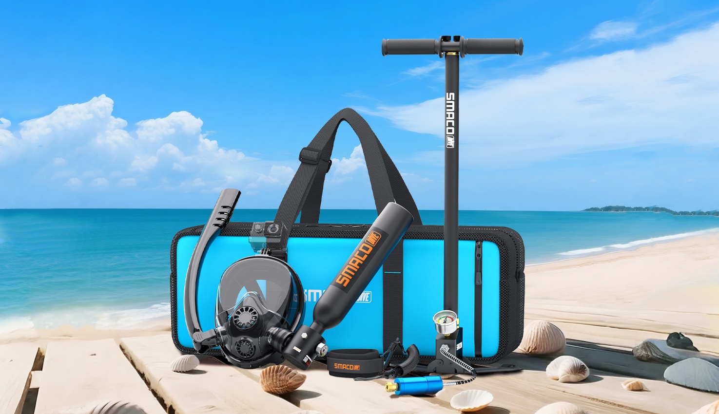 Upgraded SMACO K2 snorkeling set with full-face mask and mini scuba tank, ideal for extended surface snorkeling and shallow underwater exploration.